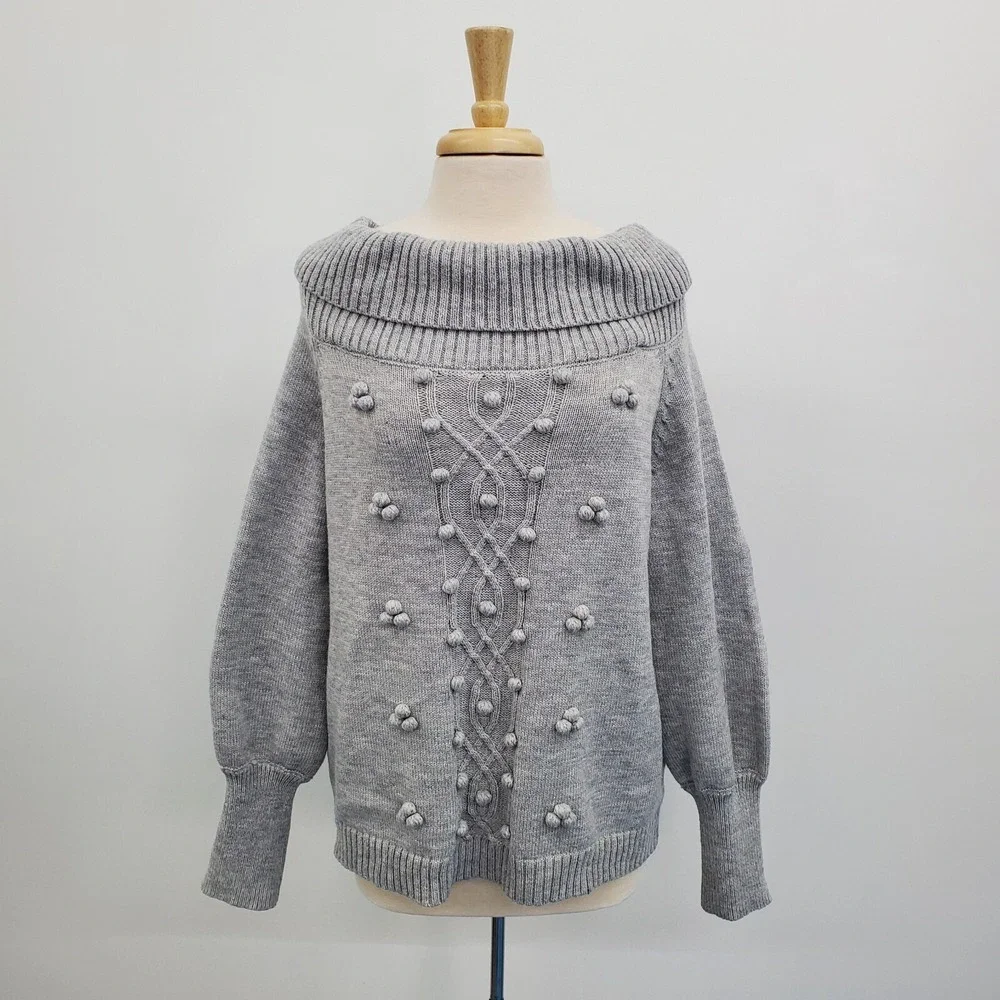 Womens 1X Gray Knit‎ Bobble Sweater Pullover Off Shoulder Slouchy Collar Winter